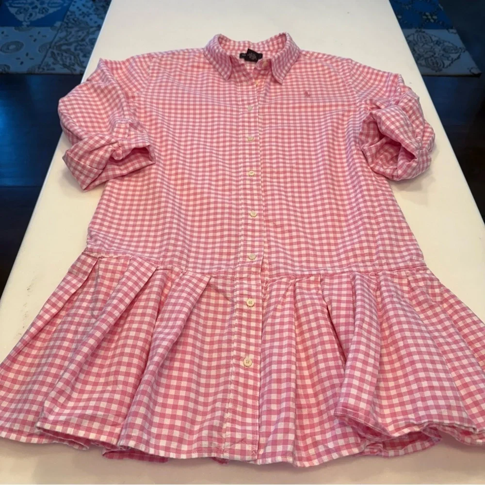 Ralph Lauren Girls Shirt Dress Pink/White Check Pleated Skirt Drop Waist Sz 16